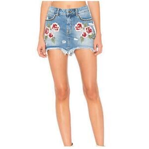 Free People Wild Rose Blue Floral Embroidered Jean Skirt Size 24